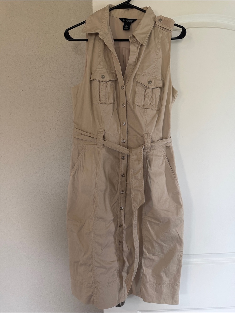 White House Black Market Sleeveless Shirt Dress in Light Tan
